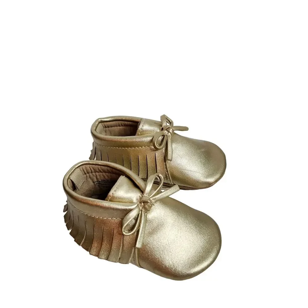 Old Navy Gold Baby Moccasins Shoes Sz 3-6mos / Fringe & Bow